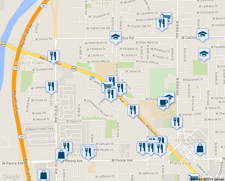 map of restaurants, bars, coffee shops, grocery stores, and more near 8777 NW Grand Ave in Peoria