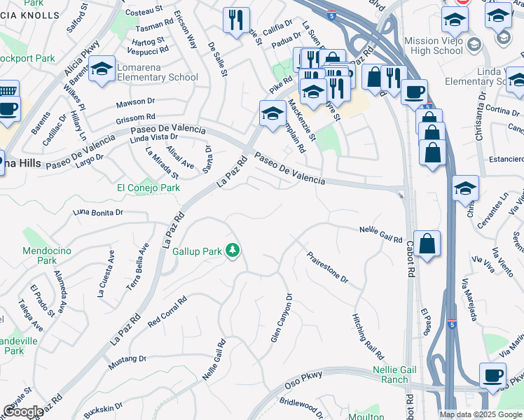 map of restaurants, bars, coffee shops, grocery stores, and more near 25611 Rangewood Road in Laguna Hills