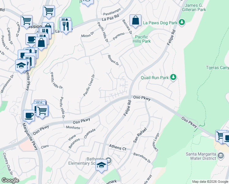 map of restaurants, bars, coffee shops, grocery stores, and more near 28 Melrose Drive in Mission Viejo