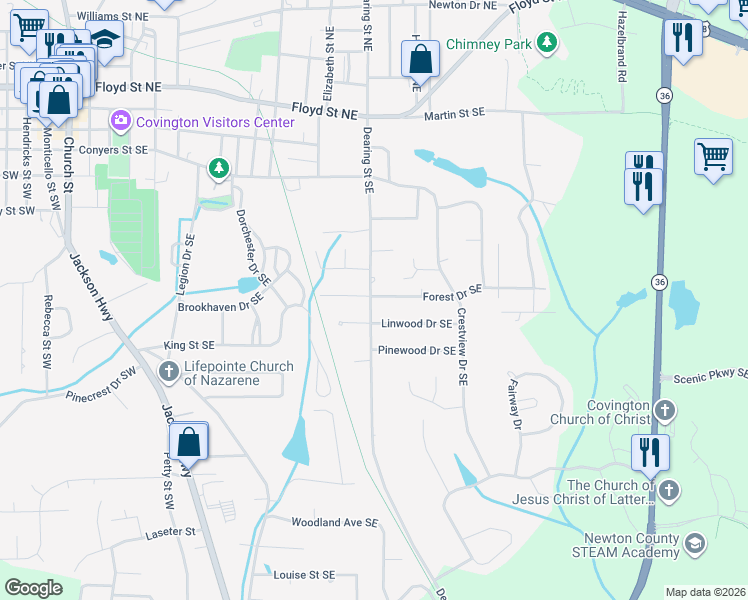 map of restaurants, bars, coffee shops, grocery stores, and more near 5175 Forest Drive Southeast in Covington