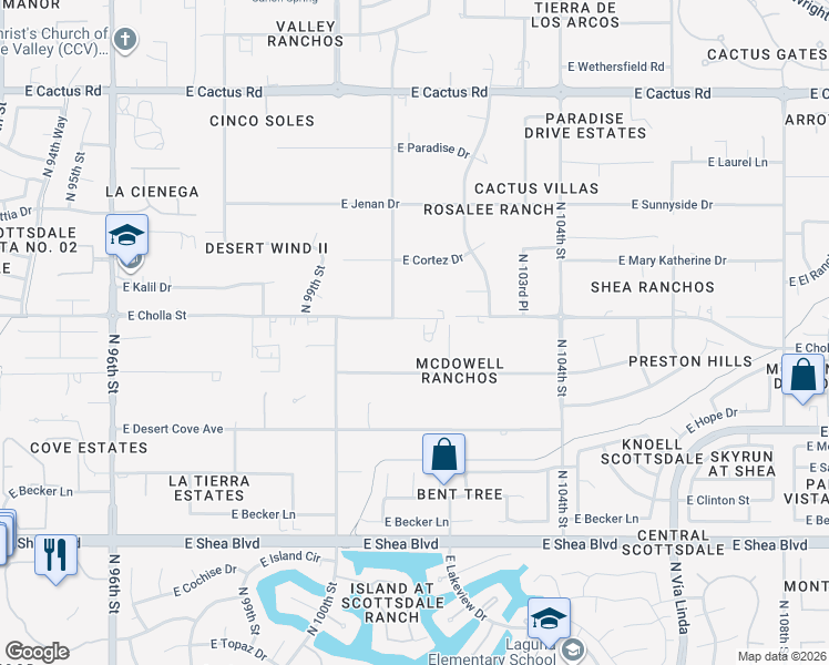 map of restaurants, bars, coffee shops, grocery stores, and more near 10141 East Cholla Street in Scottsdale