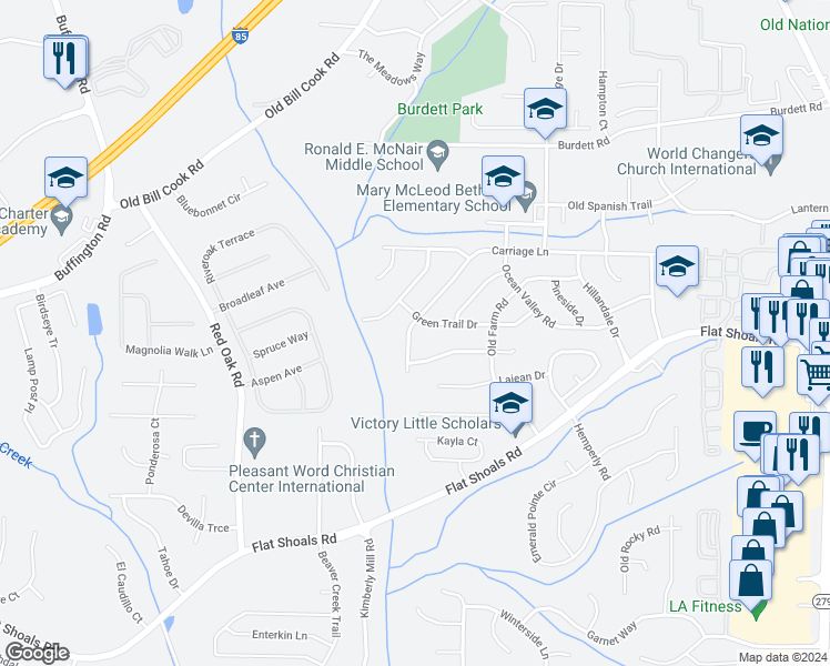 map of restaurants, bars, coffee shops, grocery stores, and more near 2970 Carriage Lane in College Park