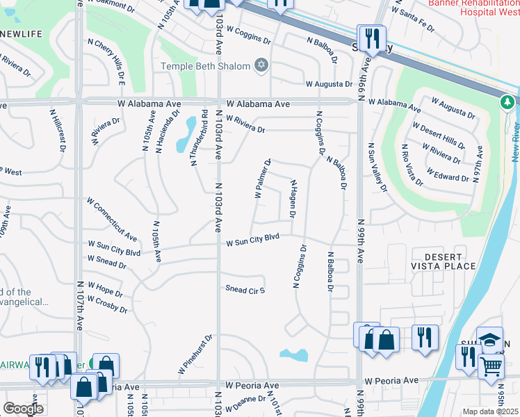 map of restaurants, bars, coffee shops, grocery stores, and more near 10214 West Palmer Drive in Sun City