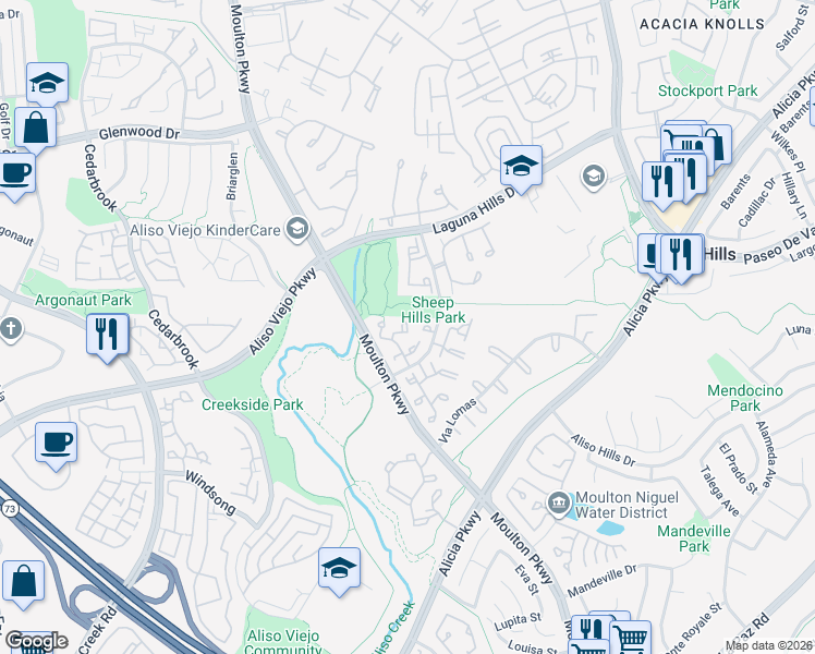 map of restaurants, bars, coffee shops, grocery stores, and more near 12 Sparrow Hill Lane in Laguna Hills