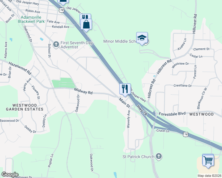 map of restaurants, bars, coffee shops, grocery stores, and more near 3716 Main St in Adamsville