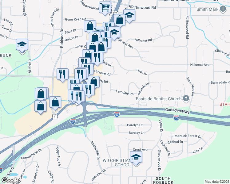 map of restaurants, bars, coffee shops, grocery stores, and more near 505 Ferndale Road in Birmingham