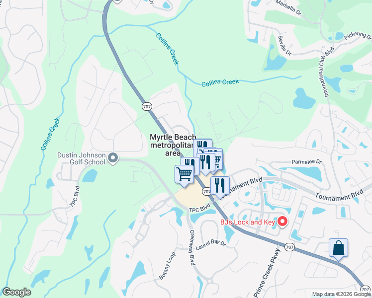 map of restaurants, bars, coffee shops, grocery stores, and more near 11859 South Carolina 707 in Murrells Inlet