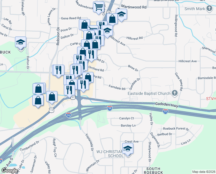 map of restaurants, bars, coffee shops, grocery stores, and more near 9236 Summit Drive in Birmingham
