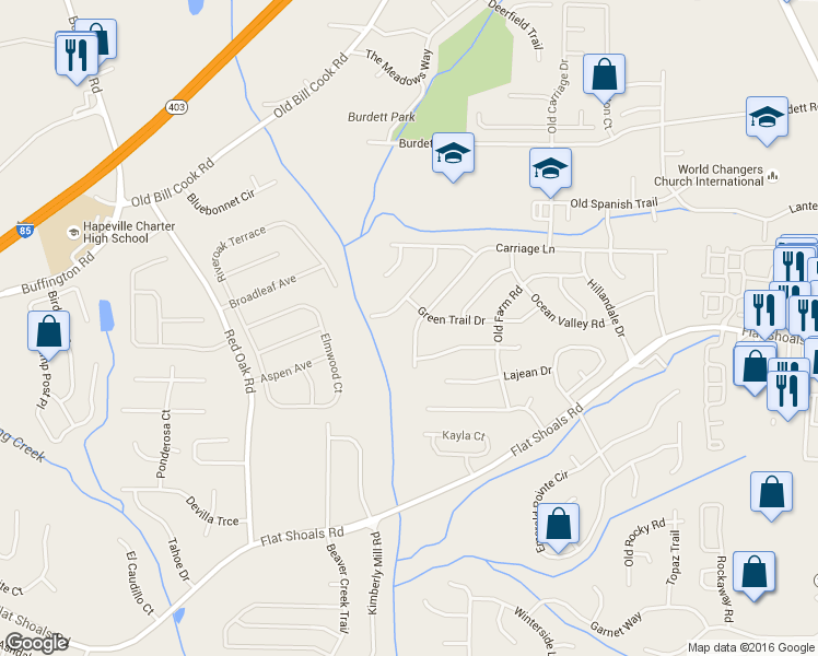 map of restaurants, bars, coffee shops, grocery stores, and more near 2971 Carriage Lane in Atlanta