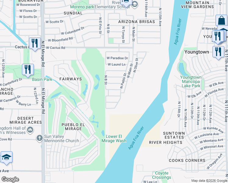 map of restaurants, bars, coffee shops, grocery stores, and more near 11806 West Sierra Street in El Mirage