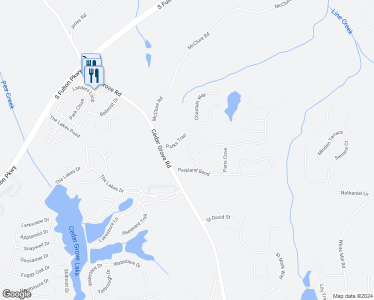 map of restaurants, bars, coffee shops, grocery stores, and more near 7543 Waverly Loop in Fairburn