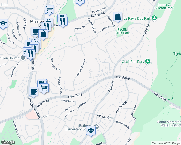 map of restaurants, bars, coffee shops, grocery stores, and more near 11 Brindisi Street in Mission Viejo