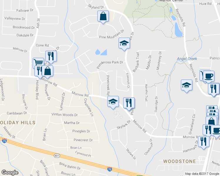 map of restaurants, bars, coffee shops, grocery stores, and more near 6044 Pinecreek Road in Forest Park