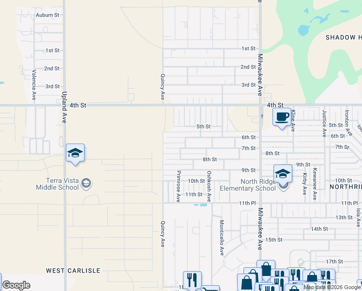 map of restaurants, bars, coffee shops, grocery stores, and more near 6802 7th Street in Lubbock
