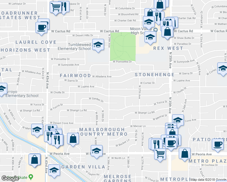 map of restaurants, bars, coffee shops, grocery stores, and more near 3823 West Lupine Avenue in Phoenix
