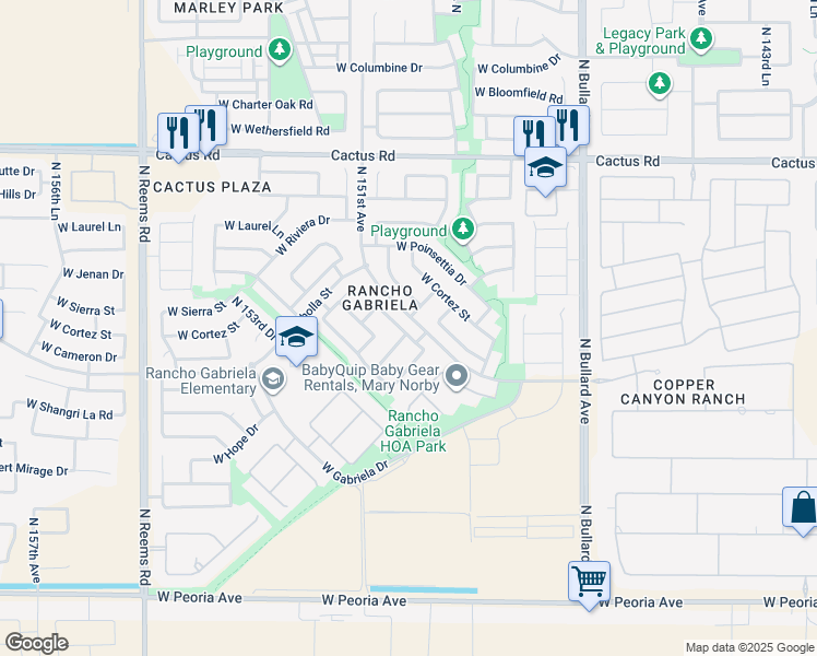 map of restaurants, bars, coffee shops, grocery stores, and more near 11525 North 150th Lane in Surprise