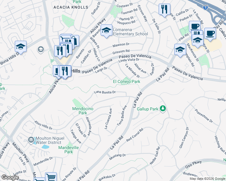 map of restaurants, bars, coffee shops, grocery stores, and more near 25111 Luna Bonita Drive in Laguna Hills