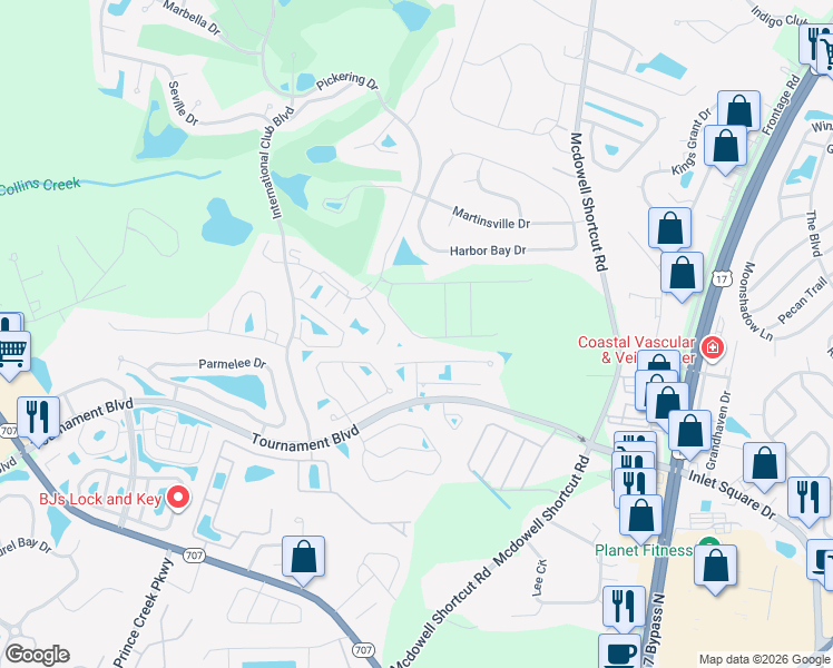 map of restaurants, bars, coffee shops, grocery stores, and more near 1417 Winterfield Court in Murrells Inlet