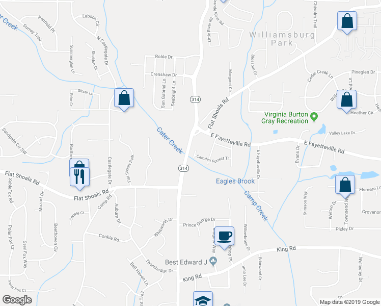 map of restaurants, bars, coffee shops, grocery stores, and more near 6097 Camden Forrest Court in Riverdale