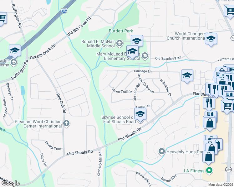 map of restaurants, bars, coffee shops, grocery stores, and more near 2878 Green Trail Drive in Atlanta