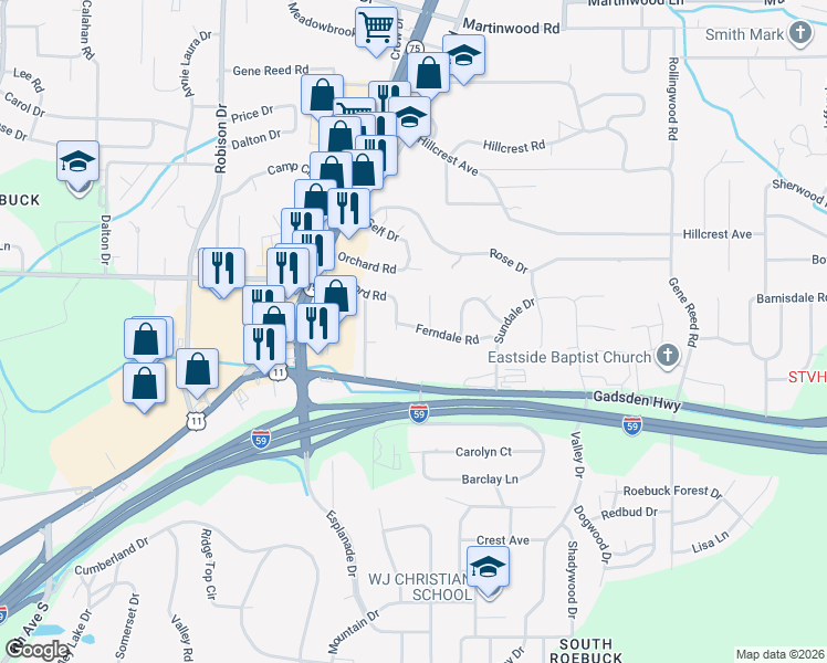 map of restaurants, bars, coffee shops, grocery stores, and more near 9236 Summit Drive in Birmingham
