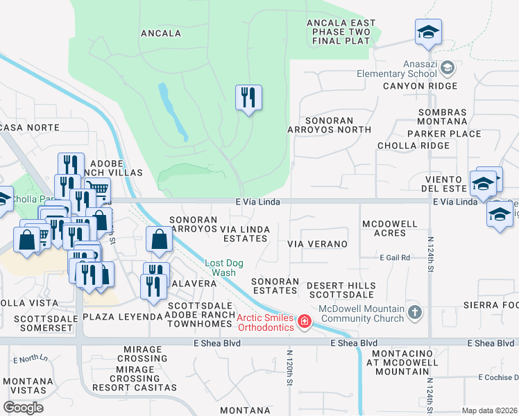 map of restaurants, bars, coffee shops, grocery stores, and more near 11351 North 118th Way in Scottsdale