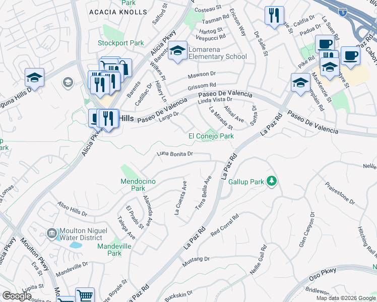 map of restaurants, bars, coffee shops, grocery stores, and more near 25111 Luna Bonita Drive in Laguna Hills