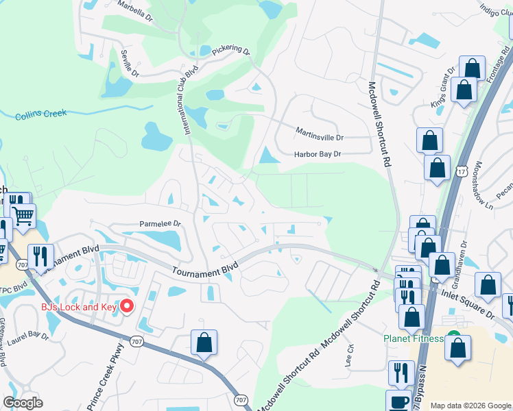map of restaurants, bars, coffee shops, grocery stores, and more near 1417 Winterfield Court in Murrells Inlet