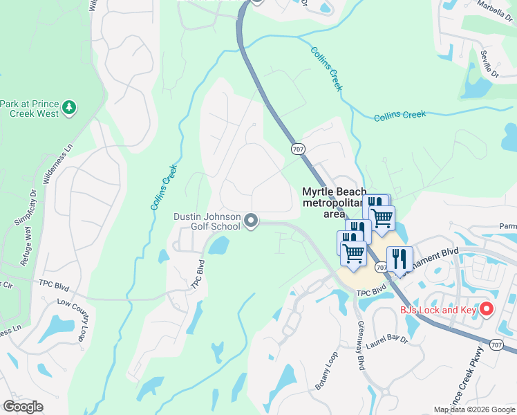 map of restaurants, bars, coffee shops, grocery stores, and more near 193 Oak Hampton Drive in Murrells Inlet
