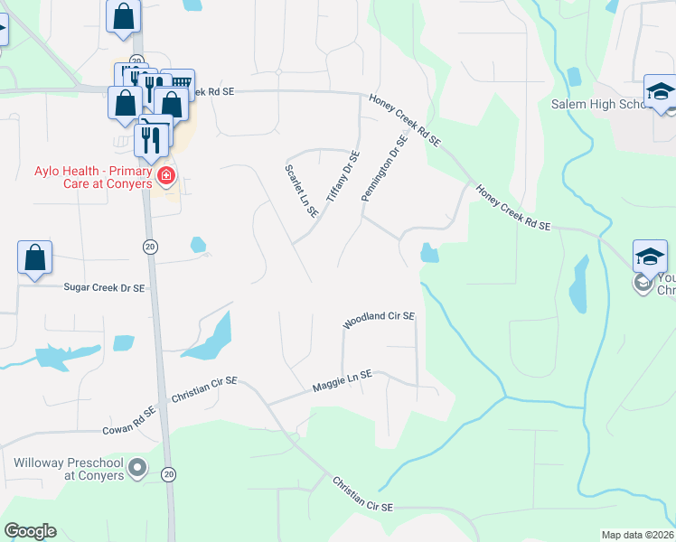 map of restaurants, bars, coffee shops, grocery stores, and more near 3672 Cherry Creek Drive Southeast in Conyers