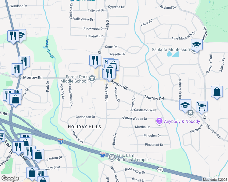 map of restaurants, bars, coffee shops, grocery stores, and more near 6044 Holiday Boulevard in Forest Park