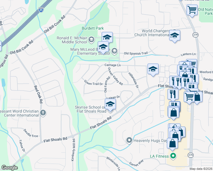 map of restaurants, bars, coffee shops, grocery stores, and more near 2811 Green Trail Drive in Atlanta