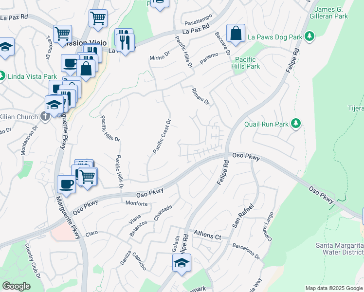 map of restaurants, bars, coffee shops, grocery stores, and more near 19 Brindisi Street in Mission Viejo