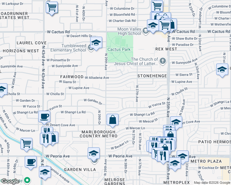 map of restaurants, bars, coffee shops, grocery stores, and more near 3823 West Lupine Avenue in Phoenix