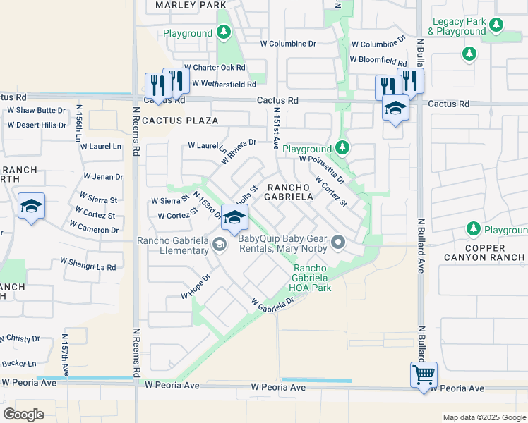 map of restaurants, bars, coffee shops, grocery stores, and more near 11623 North 151st Lane in Surprise