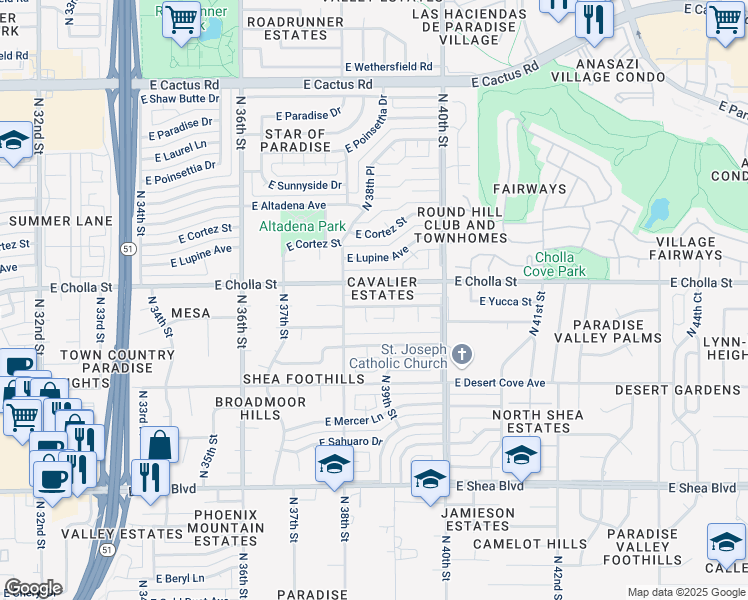map of restaurants, bars, coffee shops, grocery stores, and more near 3825 East Cholla Street in Phoenix