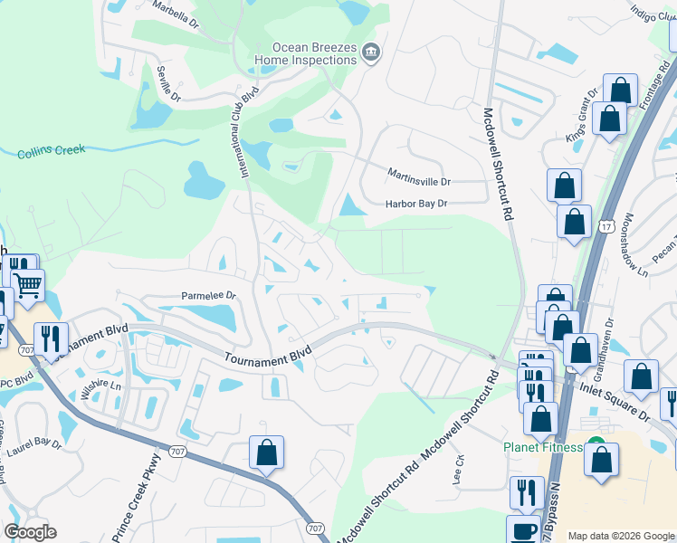 map of restaurants, bars, coffee shops, grocery stores, and more near 1417 Winterfield Court in Murrells Inlet