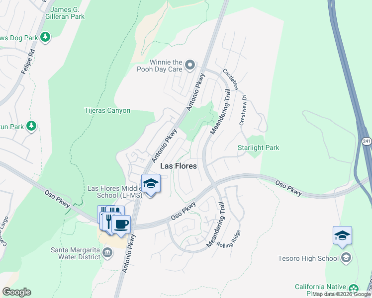map of restaurants, bars, coffee shops, grocery stores, and more near 25 Ledgewood Drive in Rancho Santa Margarita