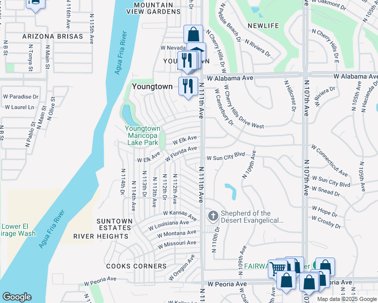 map of restaurants, bars, coffee shops, grocery stores, and more near 11121 West Florida Avenue in Youngtown