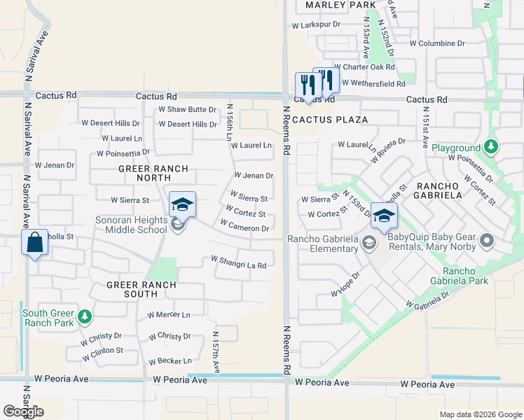 map of restaurants, bars, coffee shops, grocery stores, and more near 15569 West Sierra Street in Surprise