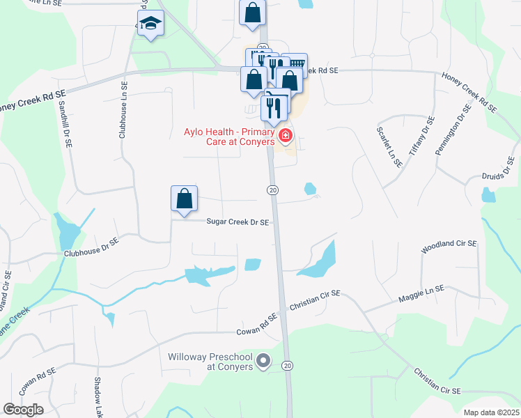 map of restaurants, bars, coffee shops, grocery stores, and more near 947 Sweet Briar Trail Southeast in Conyers