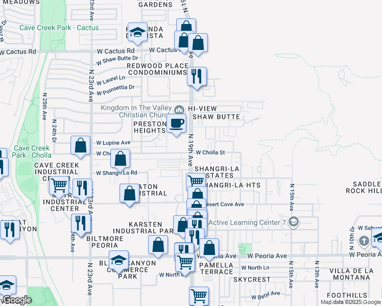 map of restaurants, bars, coffee shops, grocery stores, and more near N 19th Ave & W Cholla St in Phoenix