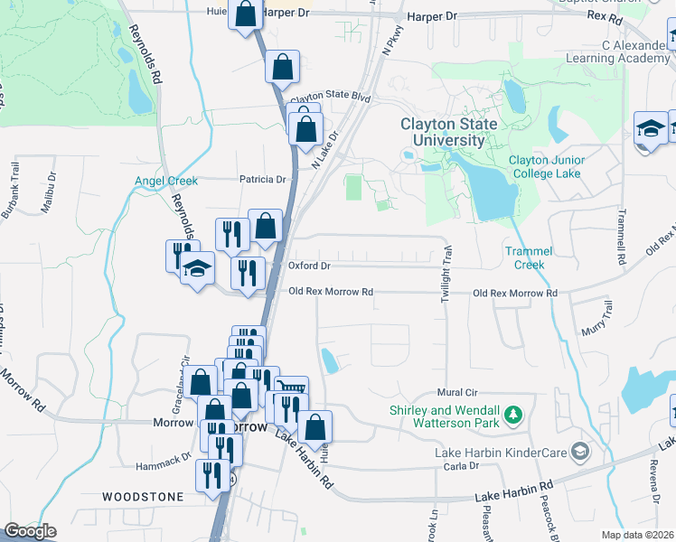 map of restaurants, bars, coffee shops, grocery stores, and more near 1689 Oxford Drive in Morrow