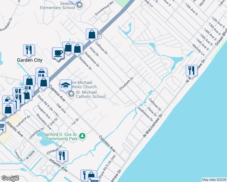map of restaurants, bars, coffee shops, grocery stores, and more near 417A Rainbow Drive in Murrells Inlet