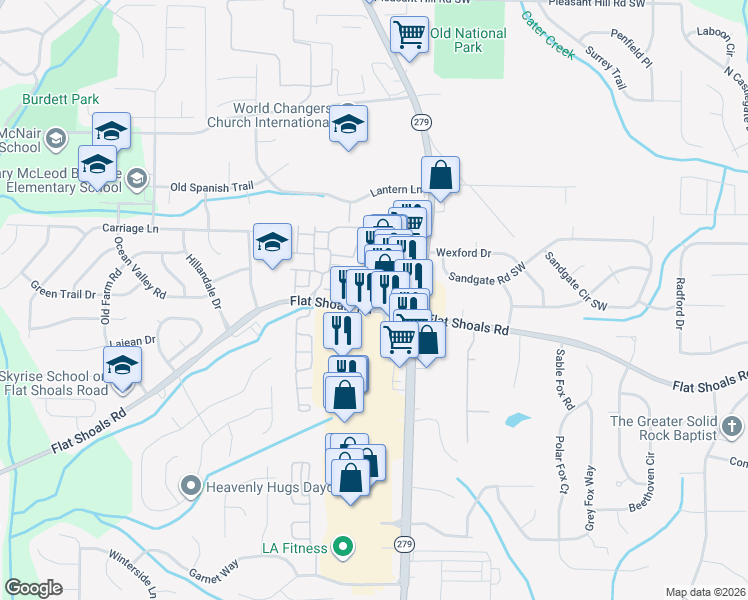 map of restaurants, bars, coffee shops, grocery stores, and more near 2465 Flat Shoals Road in Atlanta