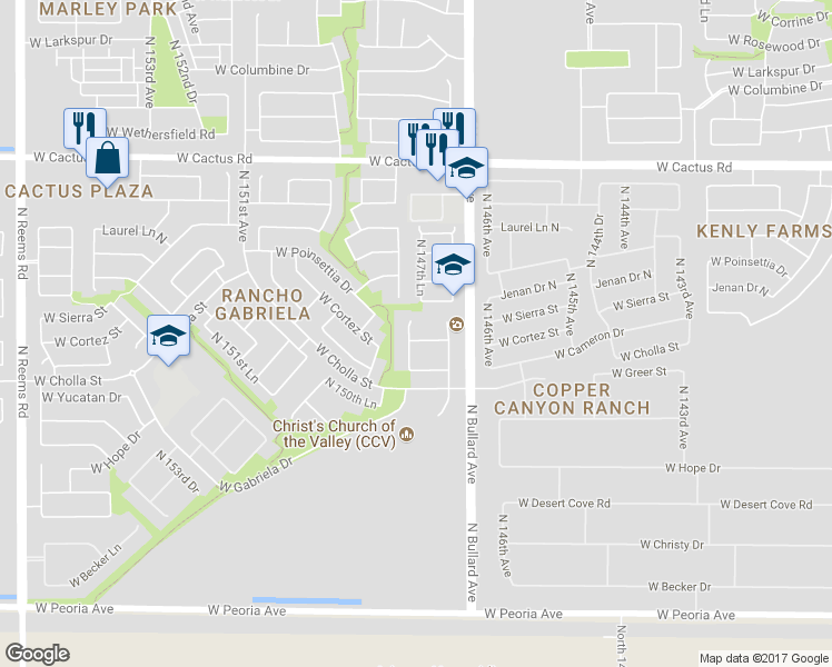 map of restaurants, bars, coffee shops, grocery stores, and more near 11605 North 147th Lane in Surprise