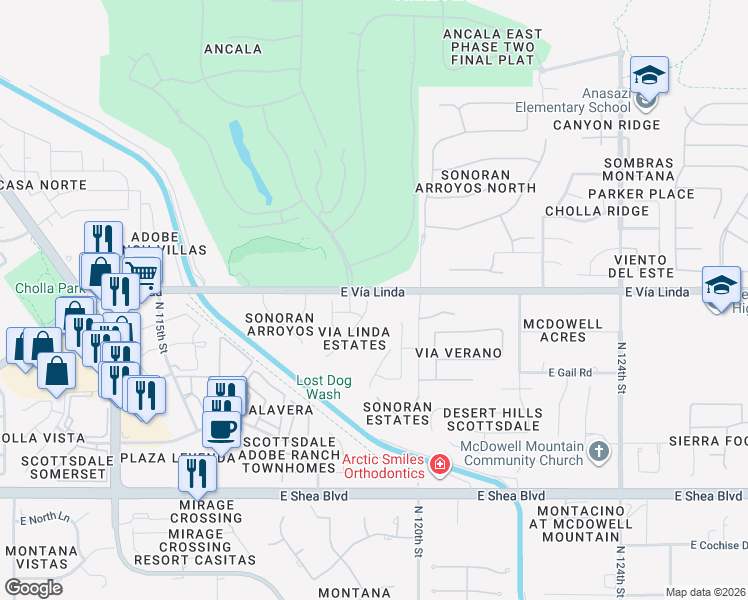 map of restaurants, bars, coffee shops, grocery stores, and more near 11351 North 118th Way in Scottsdale