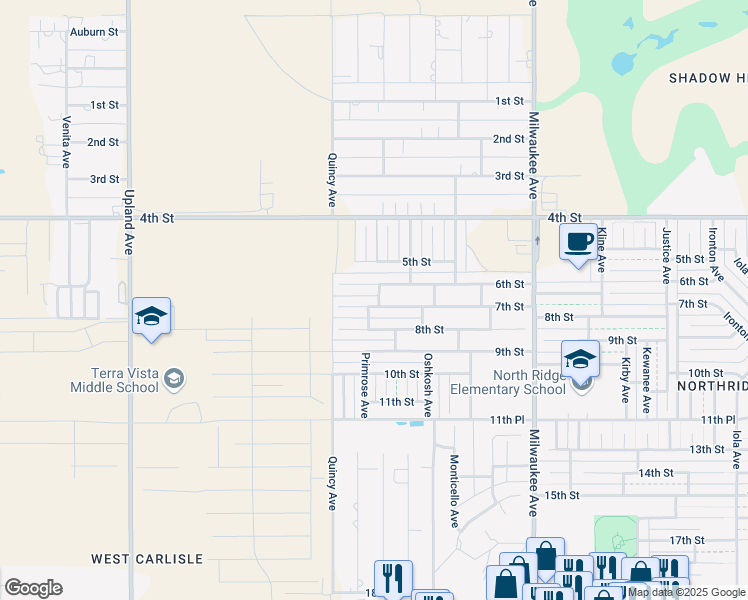 map of restaurants, bars, coffee shops, grocery stores, and more near 6802 7th Street in Lubbock