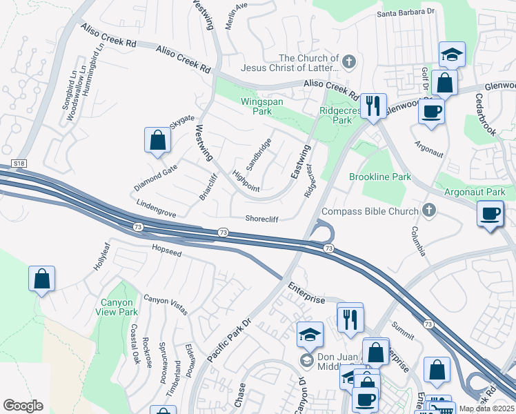 map of restaurants, bars, coffee shops, grocery stores, and more near 14 Flintstone in Aliso Viejo