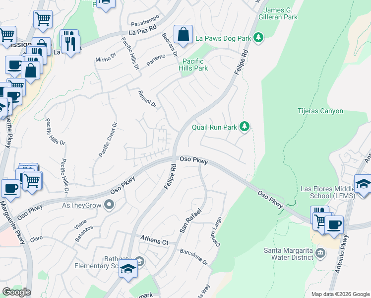 map of restaurants, bars, coffee shops, grocery stores, and more near 28 Skycrest in Mission Viejo